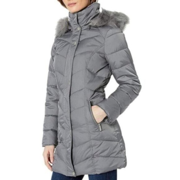 🛍️ Kenneth Cole New York Gray Chevron Puffer Long Winter Coat Jacket Fur Trim S - Picture 2 of 12